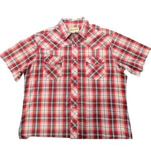 Mens Vintage Wrangler Plaid Western Shirt Short Sleeve Pearl Button Red size XLo